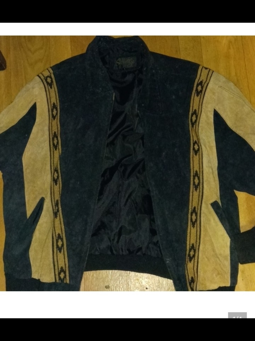Scully Navy and Tan Suede Bomber Jacket with Southwestern Trim